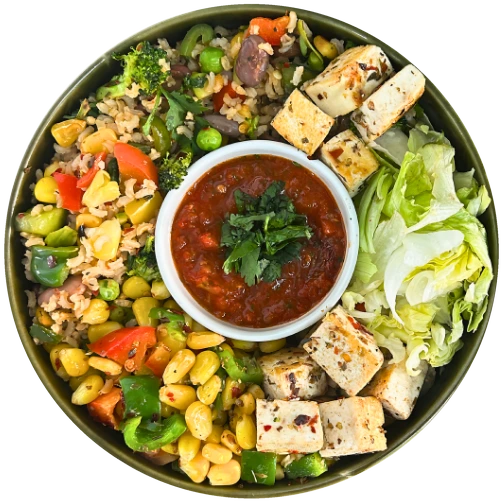 NOSH7 healthy meal bowl with brown rice, tofu, corn, broccoli and fresh salad